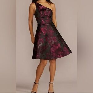 One Shoulder Floral Brocade Dress Black Wine Cranberry Cocktail Party Sz 6 NWT
